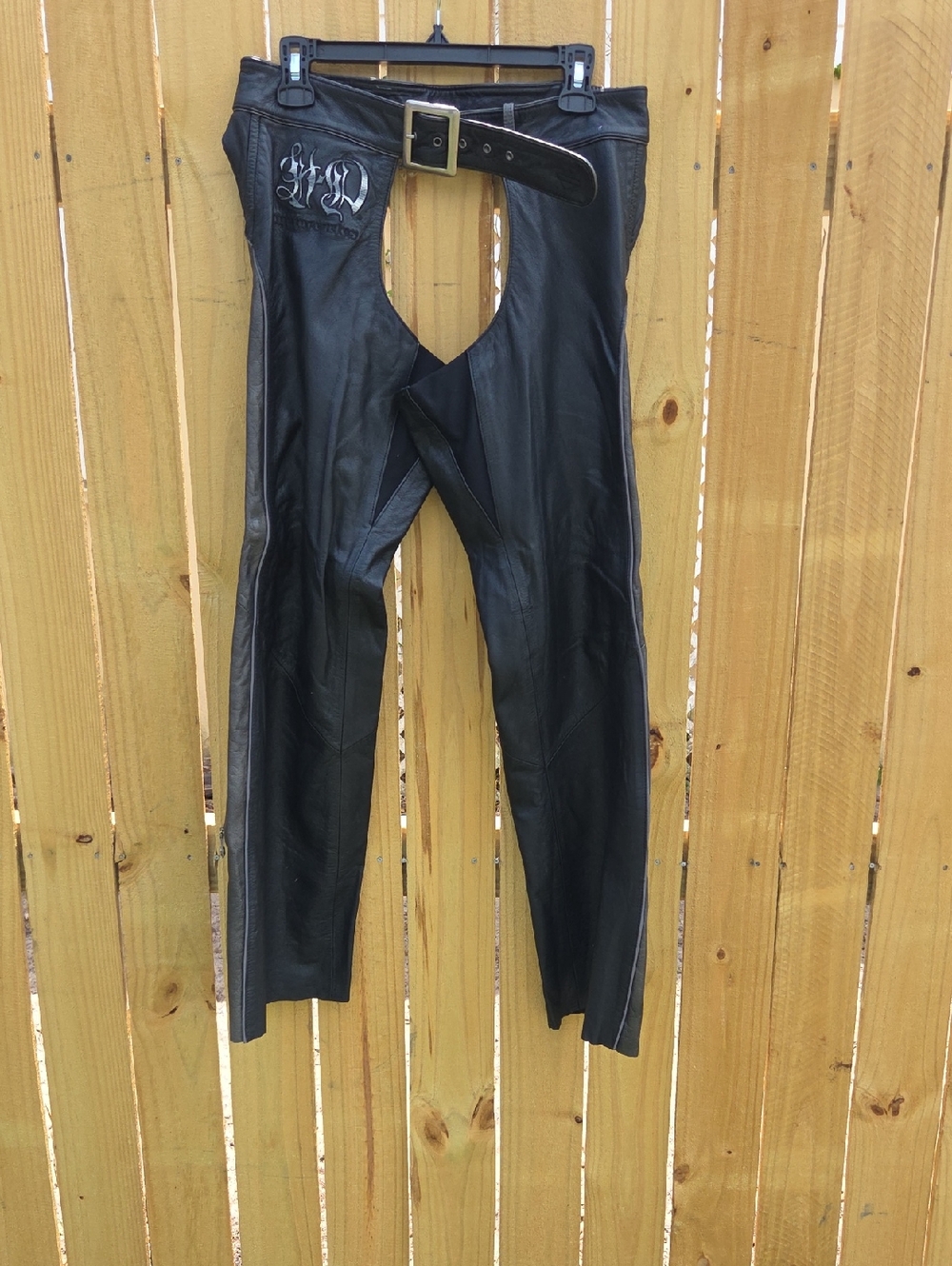 Harley-Davidson Black Leather Chaps with Embroidered Logo Medium Excellent Cond